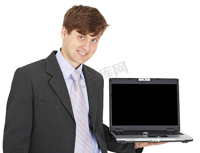 人物照片展示摄影照片_友善微笑的人手持笔记本电脑