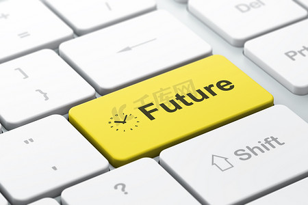 时间轴概念：计算机键盘背景上的时钟和未来