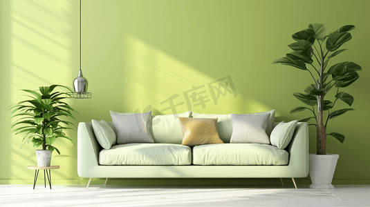 拿手布艺沙发摄影照片_浅绿色墙面客厅的布艺沙发和一些盆栽装饰