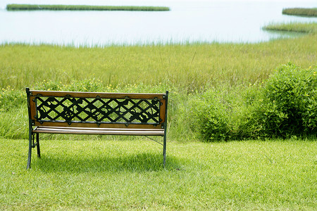 湖边绿草地的长椅