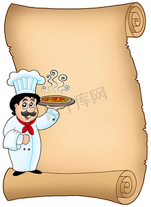 卡通厨师帽摄影照片_与拿着薄饼的厨师一起滚动
