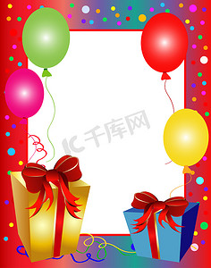 kt板银边框摄影照片_彩色气球与礼物的派对背景