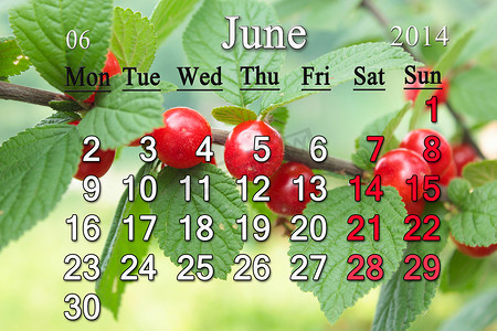 2014 年 6 月的日历与樱桃