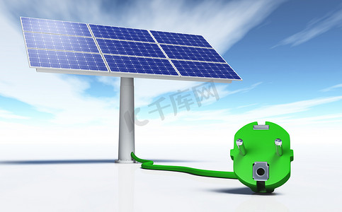 可持续资源摄影照片_带绿色插头的太阳能电池板