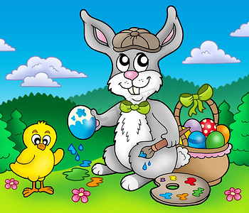 蛋卡通人物摄影照片_复活节兔艺术家和小鸡