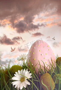 可爱清晰摄影照片_大粉红色鸡蛋，高高的草丛中有花朵