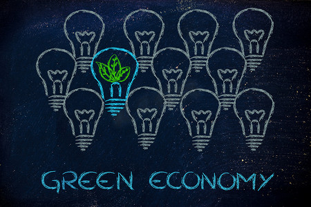 内有叶子的独特灯泡，绿色经济的隐喻