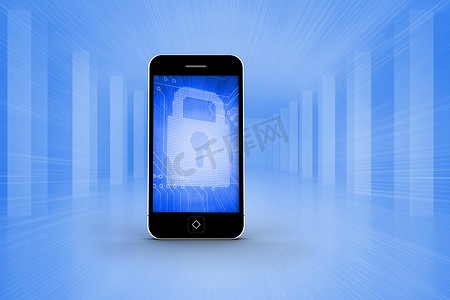 智能手机屏幕上蓝色锁的合成图像