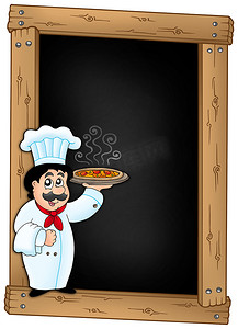 厨师胡子摄影照片_男厨师手持披萨的黑板