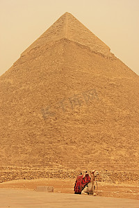 骆驼在开罗卡夫拉金字塔附近休息
