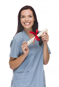 混血女护士或医生与文凭穿着磨砂膏