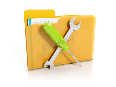 黄色页面摄影照片_3d 插图：带螺丝刀和扳手的大黄色文件夹
