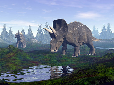 山中的双角龙恐龙 — 3D渲染