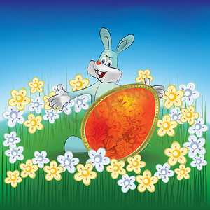 黄色的花卡通摄影照片_复活节背景兔蛋