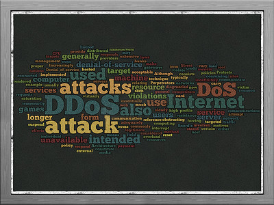 黑色木框板上的 DDOS 词云概念