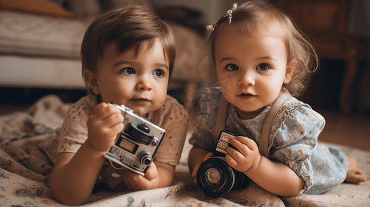 写相册优美文字摄影照片_小男孩用可爱的女婴玩具相机拍照哥和小妹一起玩得很开心家庭相册的回忆