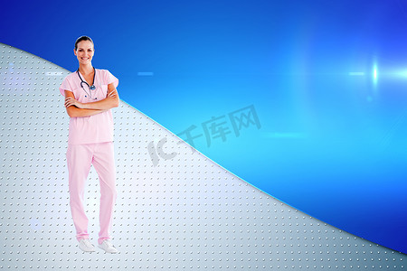美女护士交叉双臂站在镜头前的合成图像