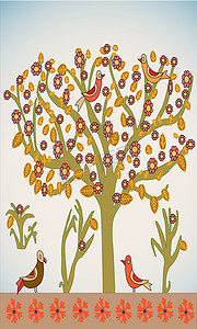 树叶卡通树叶摄影照片_矢量树与鸟