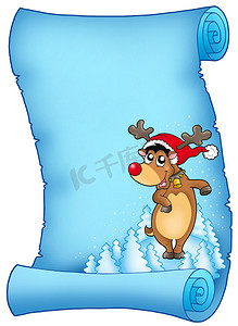 卡通鹿摄影照片_与圣诞驯鹿的蓝色羊皮纸