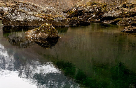 冬季岩石景观中的河流平静溪流