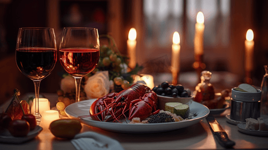 烛光晚餐盘子里有煮熟的龙虾和红酒