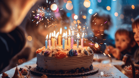 老人生日庆典图片摄影照片_一个孩子正在吹生日蛋糕蜡烛