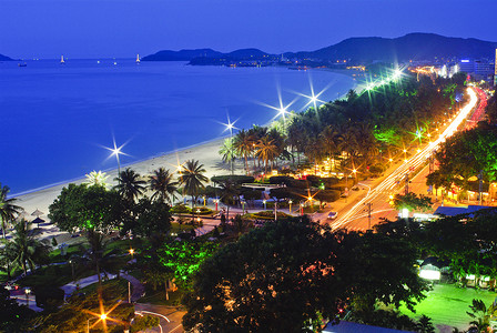 田园夜景摄影照片_海滩场面，热带，太平洋夜景，Natrang 越南