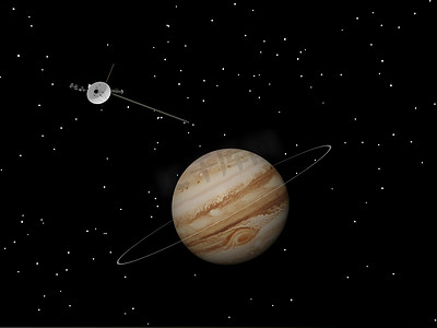 木星附近的航海者号航天器及其未知环 — 3D 渲染