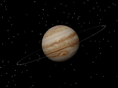 木星背景摄影照片_木星行星及其在夜间的未知环 — 3D 渲染