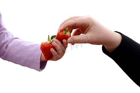 幼儿和成人分享两个新鲜草莓
