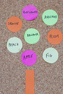 彩色软木板上的树果概念