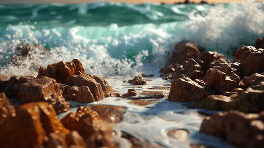 海浪汹涌摄影照片_汹涌的海浪拍打着礁石