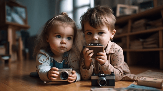 word相册摄影照片_小男孩用可爱的女婴玩具相机拍照哥和小妹一起玩得很开心家庭相册的回忆