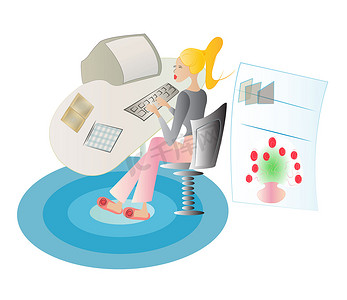 办公互联网插图摄影照片_在她的家庭办公室工作的女士，地毯上有拖鞋，矢量图