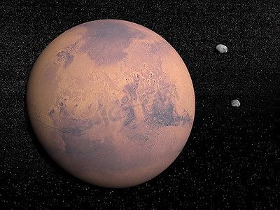 火星行星和 Deimos 和 Phobos 卫星 — 3D 渲染