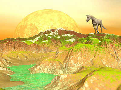黄山中的马 — 3D渲染