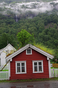 有草屋顶的小红色房子