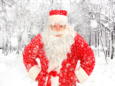 圣诞老人胡子帽子摄影照片_冬季森林中的圣诞老人