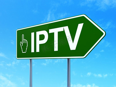 iptv电视摄影照片_Web 开发概念：IPTV 和路标背景上的鼠标光标