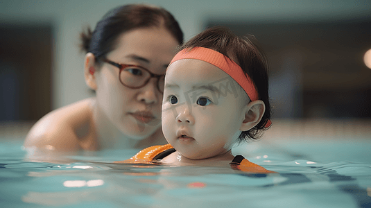母亲带着婴儿水池游泳特写