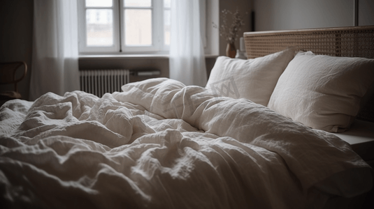 舒适舒适摄影照片_里面有白色卧室床上的新床单舒适的家