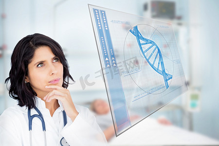 医用器材摄影照片_研究显示 DNA 螺旋的虚拟屏幕的医生