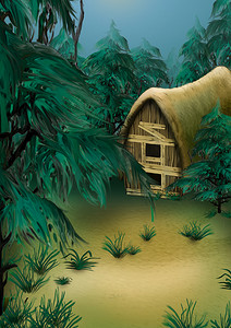 卡通手绘森林摄影照片_森林小屋