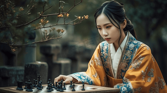 古风中国风人摄影照片_下围棋打盹的气质和服美女