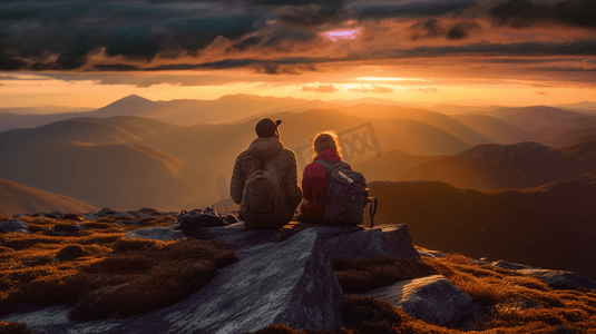 黄昏山峰摄影照片_一对夫妇在山顶看太阳初升