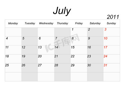 2011 年日历，7 月份