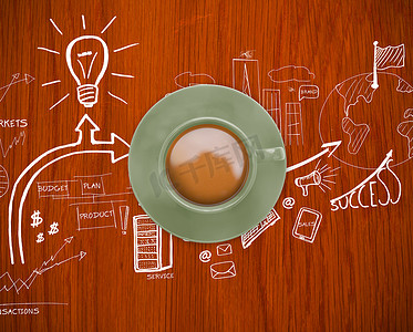 手绘桌子摄影照片_一杯绿色咖啡的合成图像