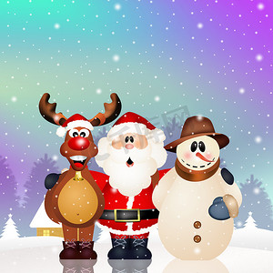 圣诞老人、雪人和驯鹿