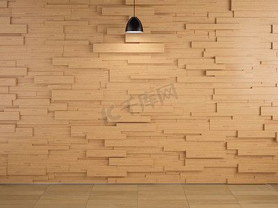 灯和木墙设计和地板背景，3d 渲染