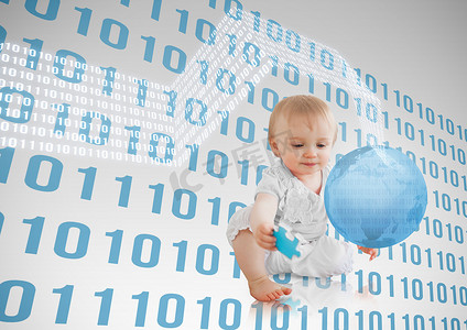 星球数字摄影照片_漂浮在一个有蓝色星球的婴儿周围的蓝色二进制代码